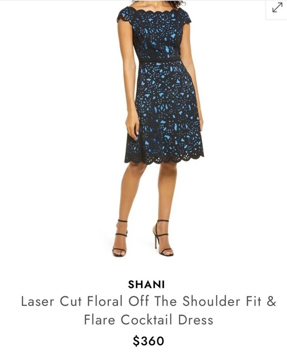 Shani Laser Cut Dress 14 Black Blue Off Shoulder Fit Flare Scalloped Cocktail